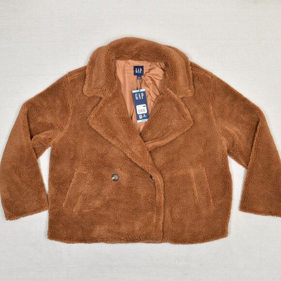 NEW Gap Women Double Breasted Coat Jacket Polyester Orange Size L Sherpa Pockets - Picture 1 of 8